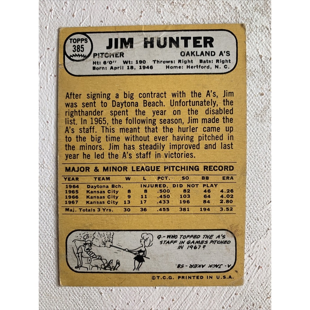 1968 TOPPS #385 JIM CATFISH HUNTER VG CONDITION VINTAGE BASEBALL CARD HOF - Picture 2 of 2
